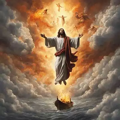 Jesus, der über ein Boot am Himmel fliegt. Ein Gemälde von Jesus, der über ein Boot am Himmel fliegt.
