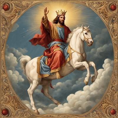 Ein Gemälde von Jesus auf einem weißen Pferd.