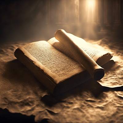 Buch mit manuskript in mystischem Licht