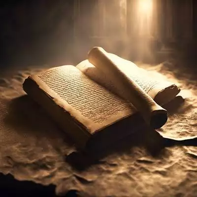 Book with manuscript in mystical light