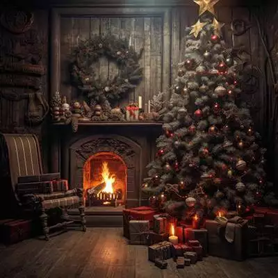 Ein Weihnachtsbaum in einem Raum mit einem Kamin und Geschenken.
