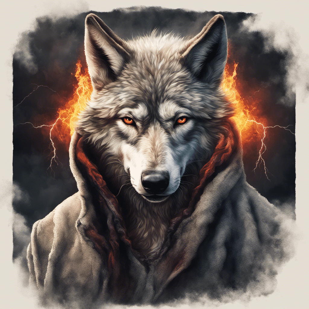 Ein wolf im Schafsmantel schaut den Zuschauer an, im Hintergrund apokalyptische Szene mit Feuer und Blitzen