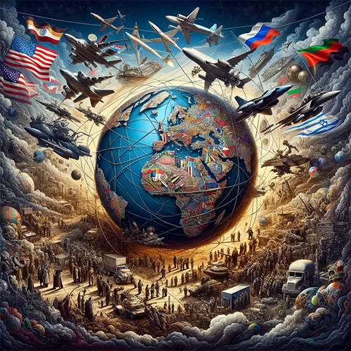 Ein Gemälde eines Globus, umgeben von Flugzeugen und Flugzeugen.