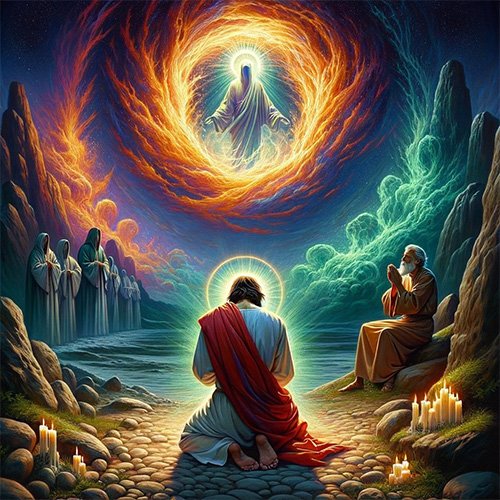 Jesus kneeling in front of a fire.