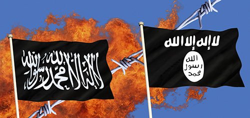 Zwei Flaggen des Islamischen Staates wehen in der Luft.