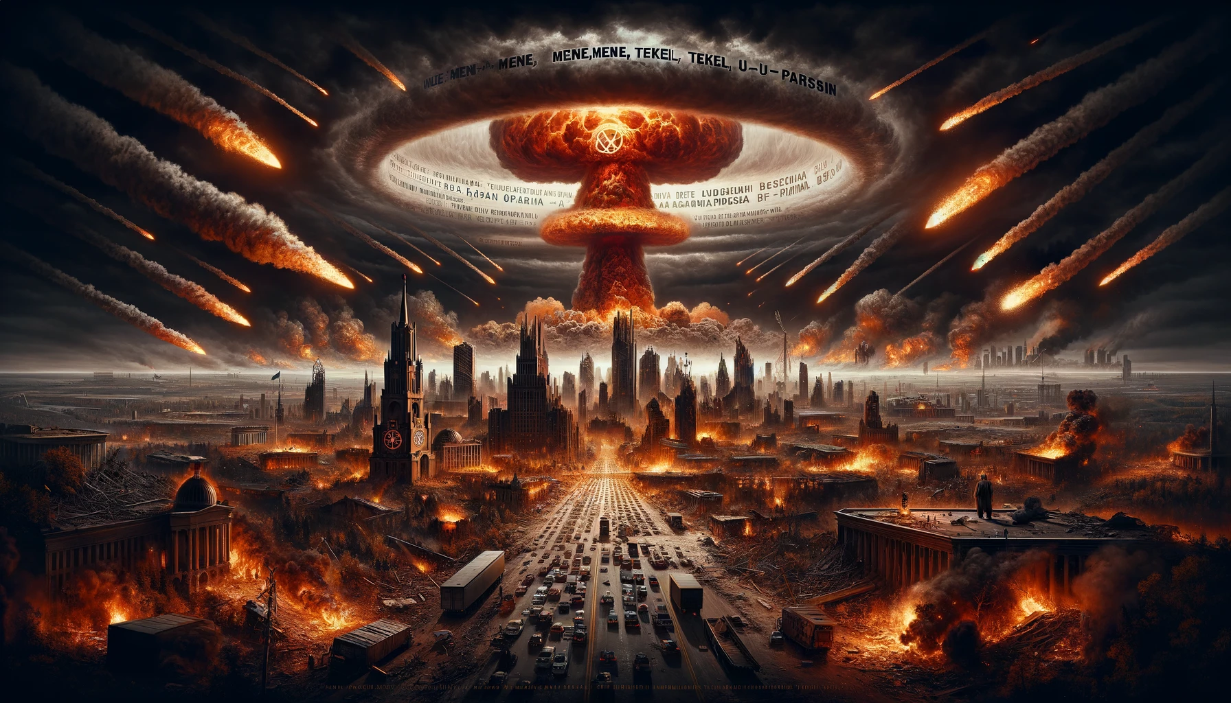 Eine postapokalyptische Stadtlandschaft in Flammen und Zerstörung. Eine gewaltige Pilzwolke dominiert den dunklen Himmel, Meteoriten regnen auf brennende Wolkenkratzer. Die Straßen sind voller Trümmer und flüchtender Fahrzeuge. Am Himmel umkreist ein kryptischer Text das Zentrum der Explosion.