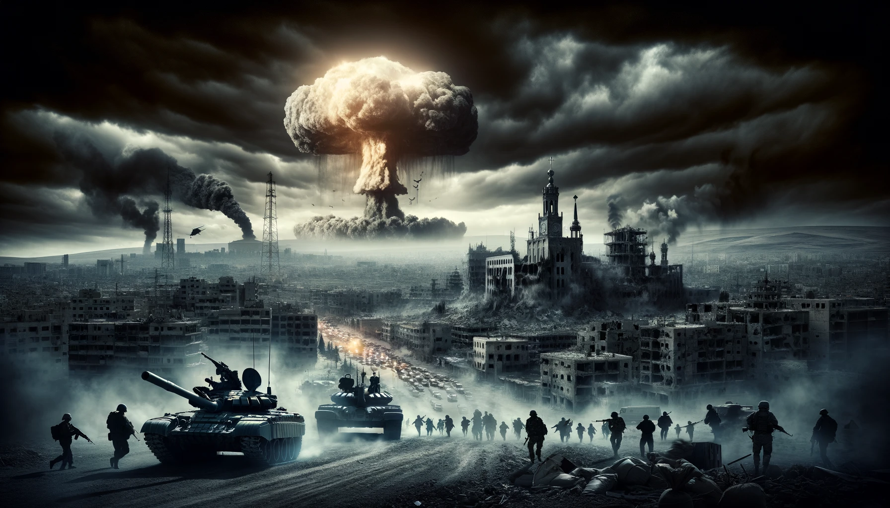 Eine düstere apokalyptische Szene zeigt eine zerstörte Stadt mit einstürzenden Gebäuden und dichtem Rauch. Soldaten und Panzer rücken zwischen den Ruinen vor. Am Himmel ragt ein gewaltiger Atompilz auf, der durch eine Atomexplosion entstanden ist und einen unheimlichen Schein über die chaotische Landschaft wirft.
